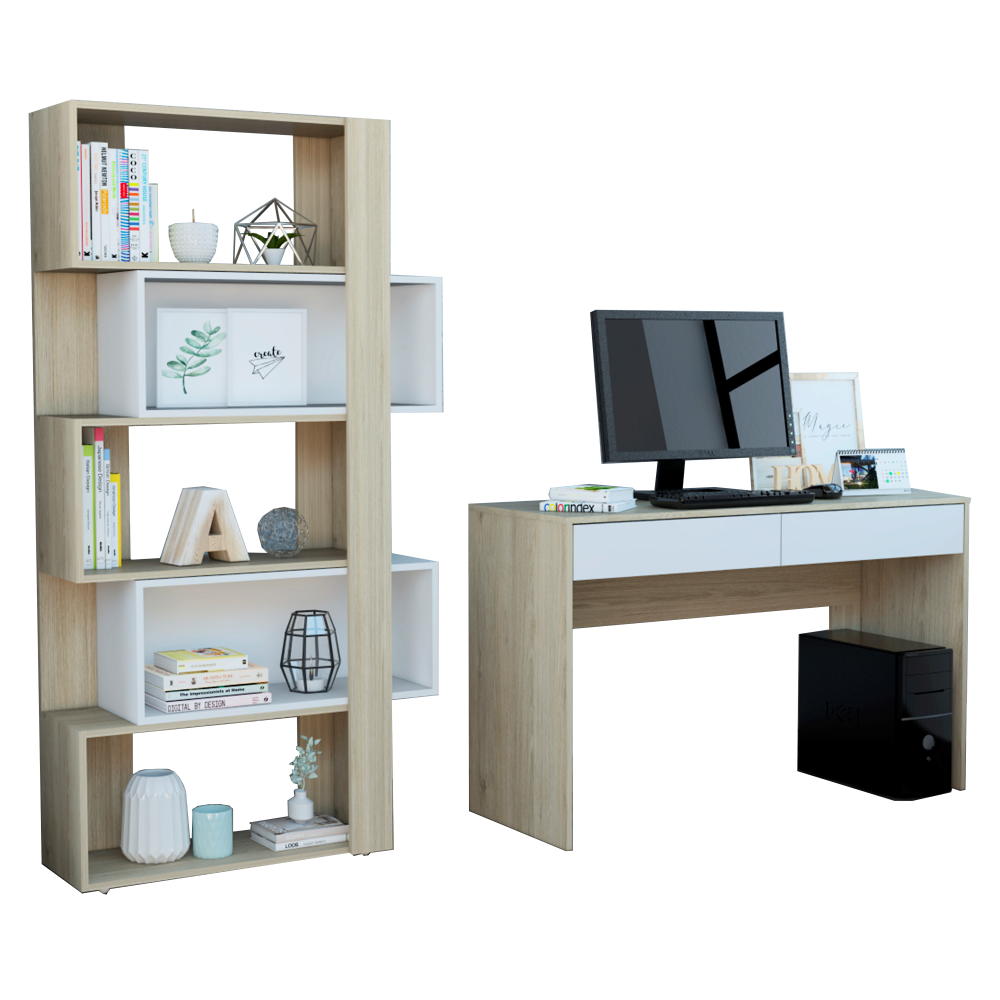 Escritorio Acre + Biblioteca Cubo Office Color Rovere y Blanco Para Sala De Estar